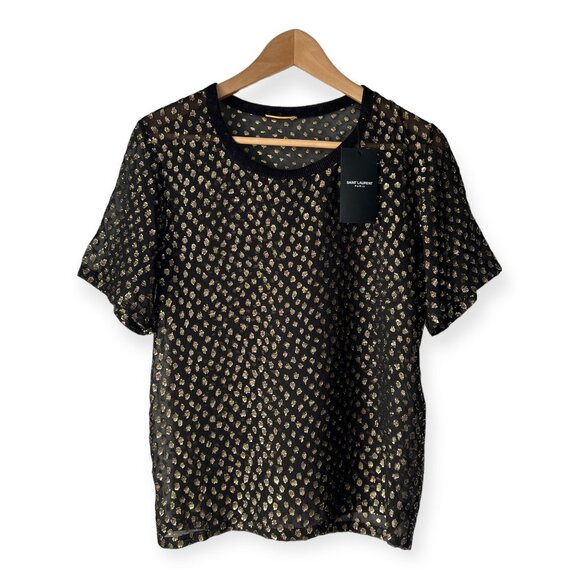 Saint Laurent Black Gold Metallic Polka Dot Sheer Tee - Picture 9 of 12